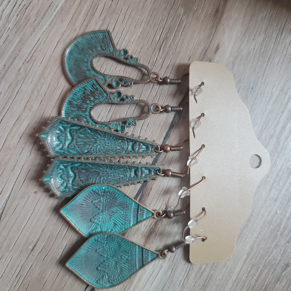 3pairs/set Vintage Style Antique Bronze Geometric Design Ear Hoop & Stud Earring - Picture 3 of 4